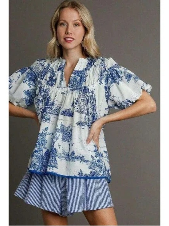 Umgee Tops - Umgee Blue & White Toile Landscape Scenic Print Peasant Blouse Size M